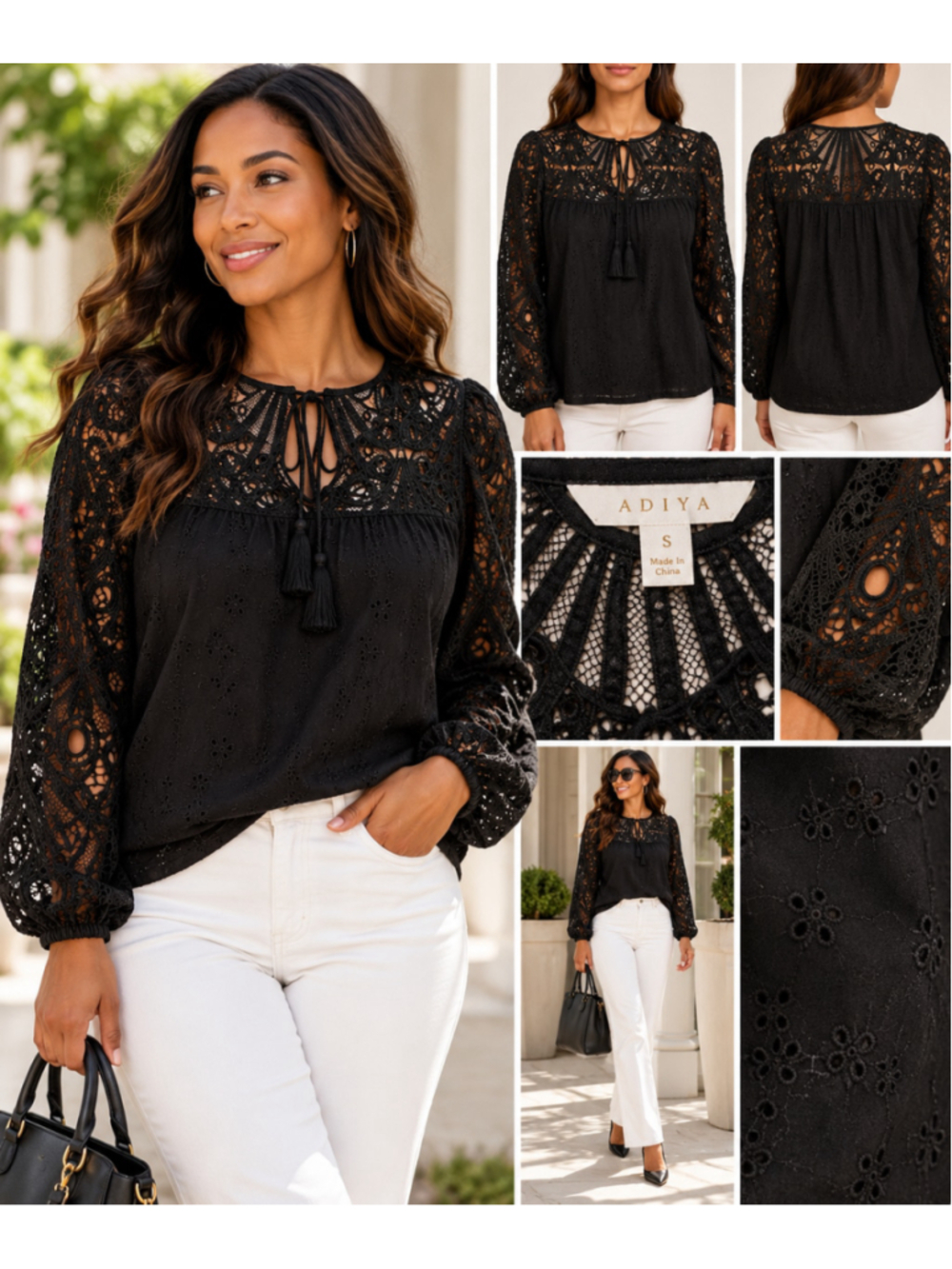 Adiva Black Lace Eyelet Blouse Small Boho Crochet Long Sleeve Top